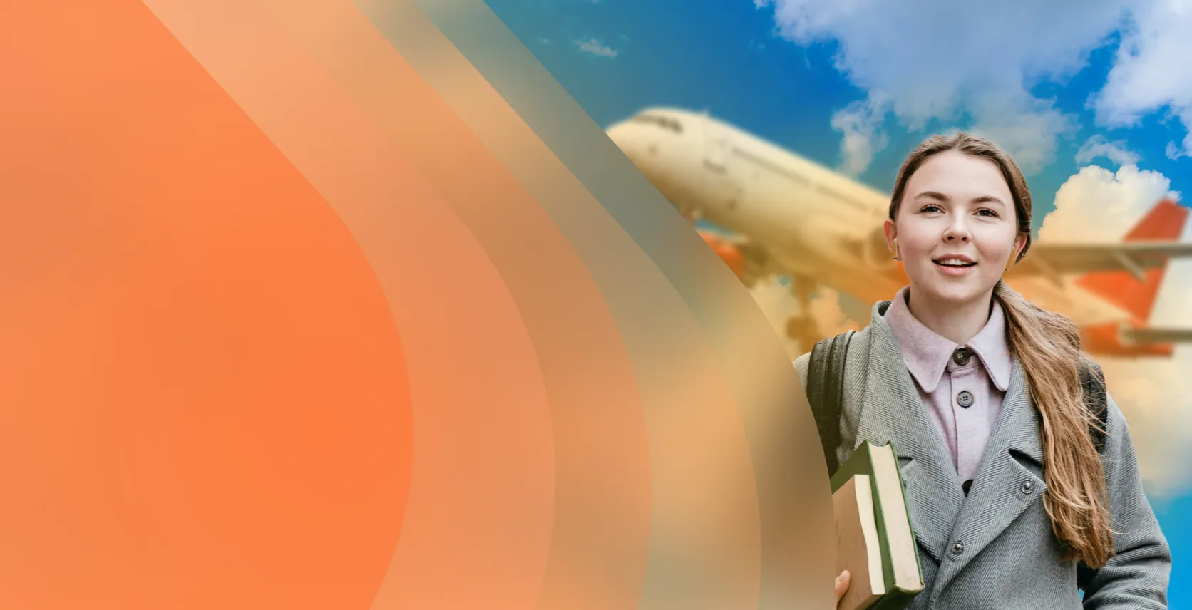 Jovem estudante com mochila e livros, avião ao fundo